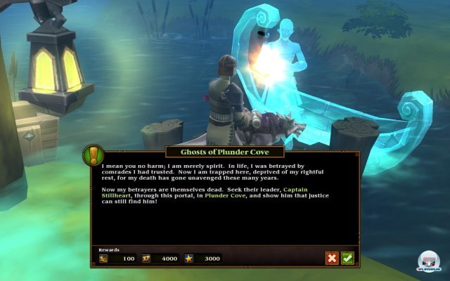Schön ist, dass sich die Kamera-Perspektive im Gespräch verändert und der NPCs groß und fokussiert zu sehen ist. Darüber hinaus werden die Belohungen detailliert unter dem Questtext angezeigt: Gold, Erfahrungspunkte, Ruhm und etwaige Gegenstände. Schön ist, dass sich die Kamera-Perspektive im Gespräch verändert und der NPCs groß und fokussiert zu sehen ist. Darüber hinaus werden die Belohungen detailliert unter dem Questtext angezeigt: Gold, Erfahrungspunkte, Ruhm und etwaige Gegenstände.
