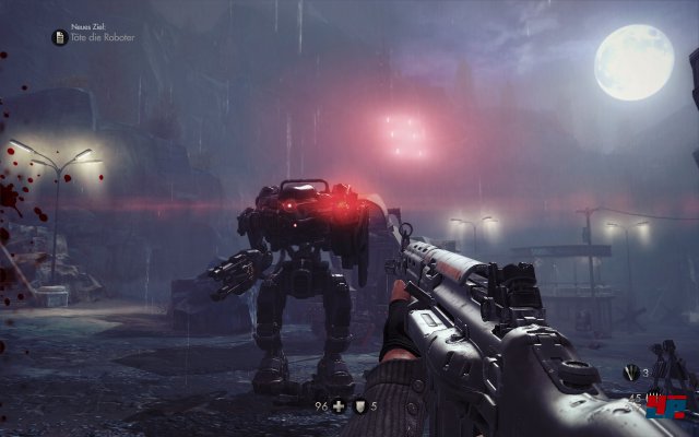 Beim ersten Angriff der Wachroboter müsst ihr zu den Standgeschützen stürmen und eines abnehmen. Ihr könnt die Geschütze wieder aufladen indem ihr sie wieder auf die Vorrichtung steckt. Bleibt in Deckung und bearbeitet die Roboter, wenn ein Stück von ihnen rausschaut. Nutzt auch eure Granaten, die sehr effektiv gegen die Roboter sind und sie einbremsen.