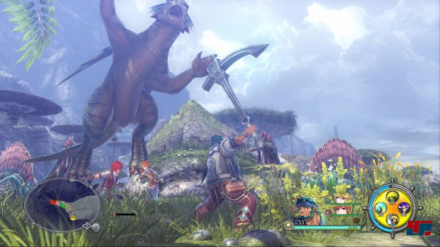 Beim Erkunden und Kartografieren der tropischen Umgebung bekommen es Adol und seine Gefährten auch mit Dinosauriern und anderen Urzeitwesen zu tun.