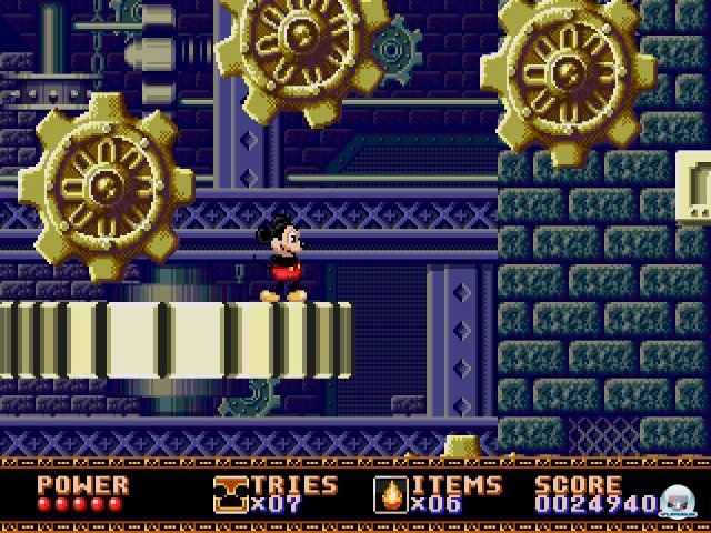 Schwer ist Castle of Illusion zwar nicht, aber einige Levels (wie hier der Ausflug ins gigantische Uhrwerk) halten eine solide Herausforderung bereit. Schwer ist Castle of Illusion zwar nicht, aber einige Levels (wie hier der Ausflug ins gigantische Uhrwerk) halten eine solide Herausforderung bereit.